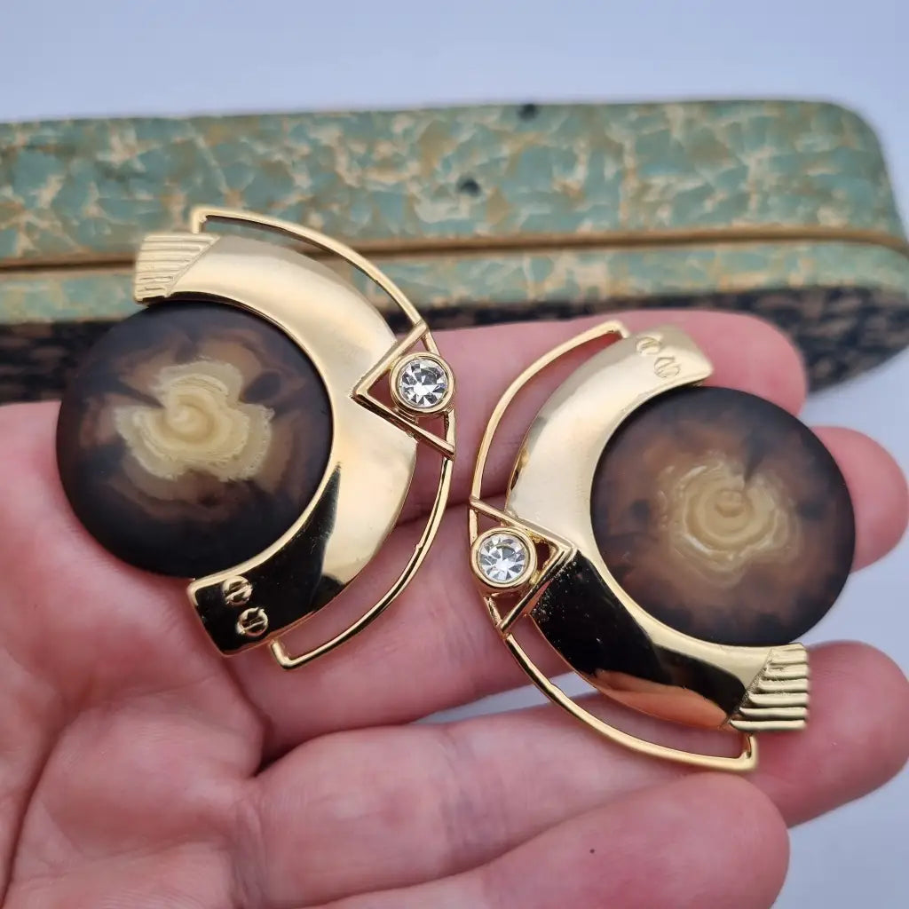 Pendientes vintage NOS grandes y redondos de los años 80 marrones dorados