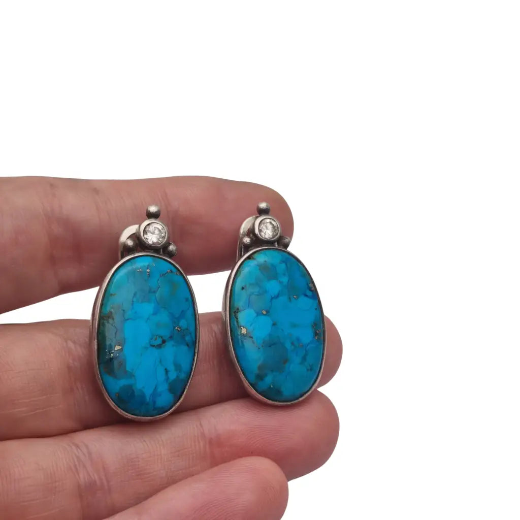 Pendientes vintage de turquesa cobre en plata 925 cabujones ovalados azules