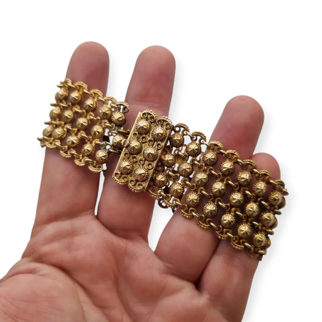 Pulsera antigua de malla plata 800 con esferas repujadas décadas