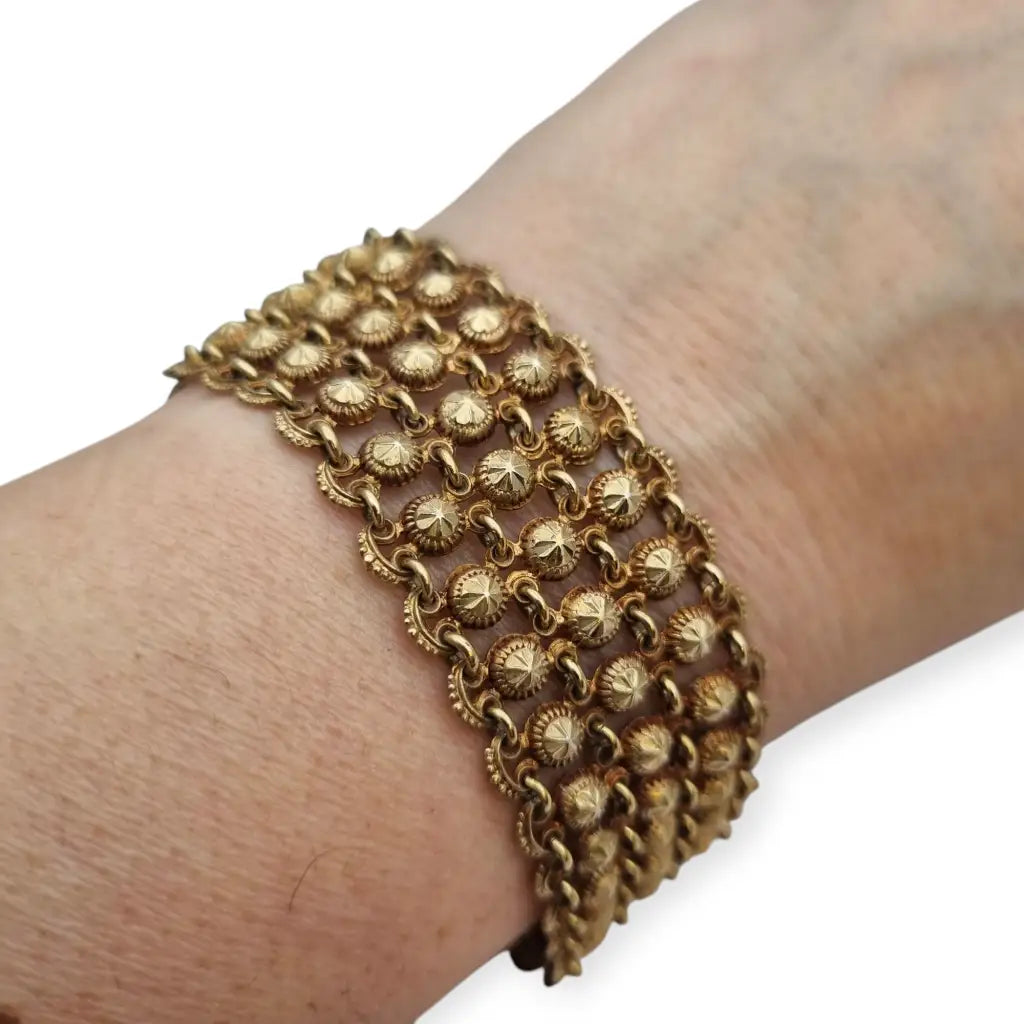 Pulsera antigua de malla plata 800 con esferas repujadas décadas