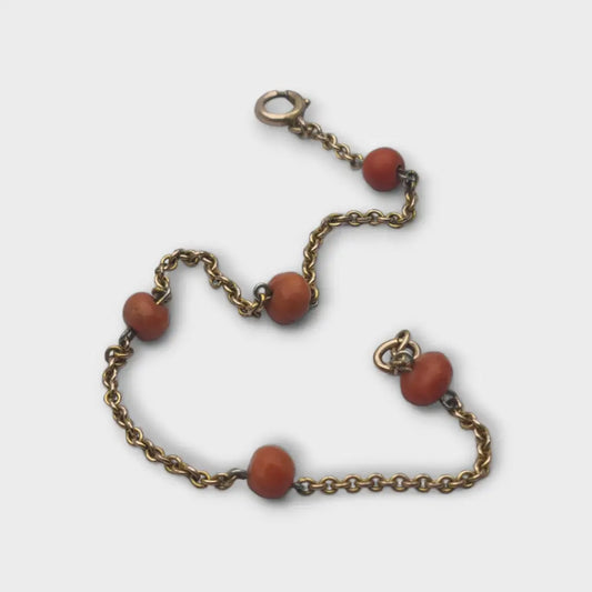Pulsera vintage de coral rojo y metal dorado joyería antigua retro para mujer
