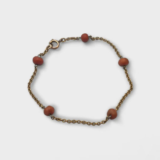 Pulsera vintage de coral rojo y metal dorado joyería antigua retro para mujer