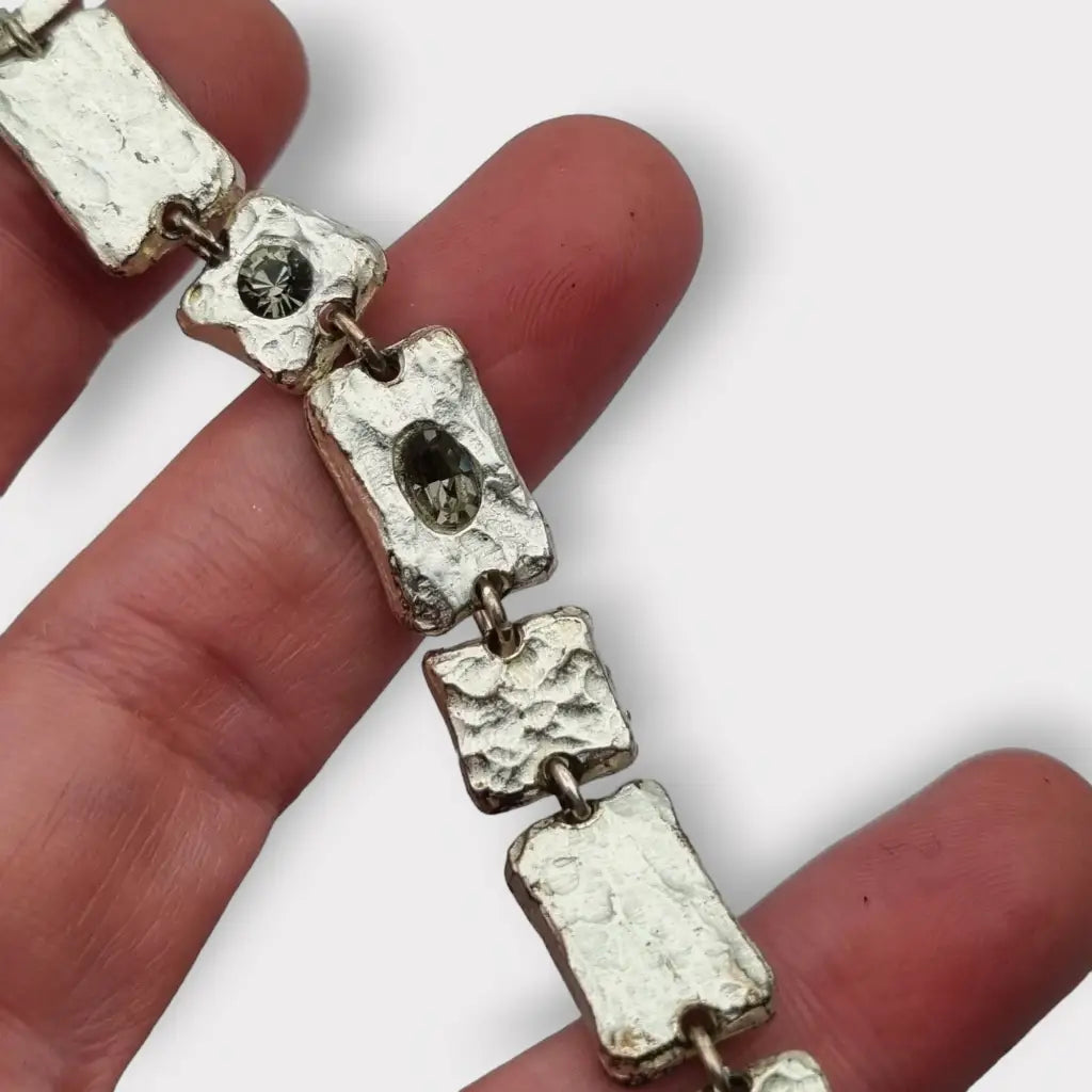 Pulsera vintage de eslabones metal plateado con pedrería gris regalos