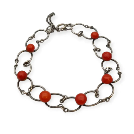 Pulsera vintage de eslabones plata y coral natural diseño orgánico años 50.