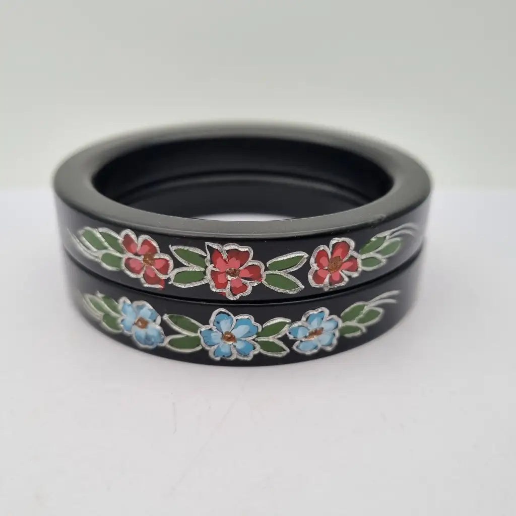 Pulseras de Lucite Juego dos pulseras pintadas a mano con diseño floral