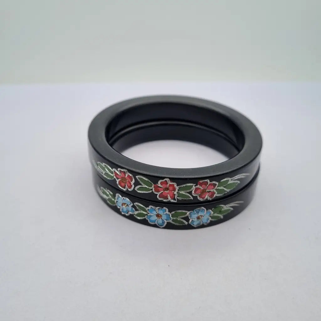 Pulseras de Lucite Juego dos pulseras pintadas a mano con diseño floral