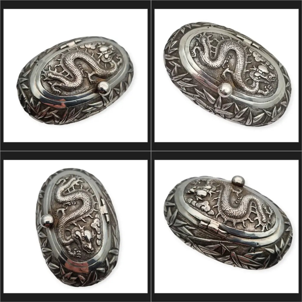 Rara caja de rapé oriental ovalada plata con dragón y bambú pieza