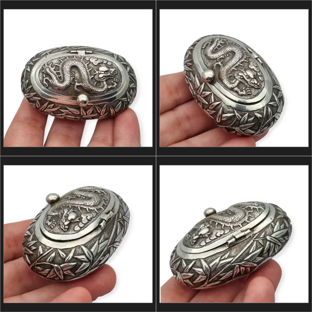 Rara caja de rapé oriental ovalada plata con dragón y bambú pieza