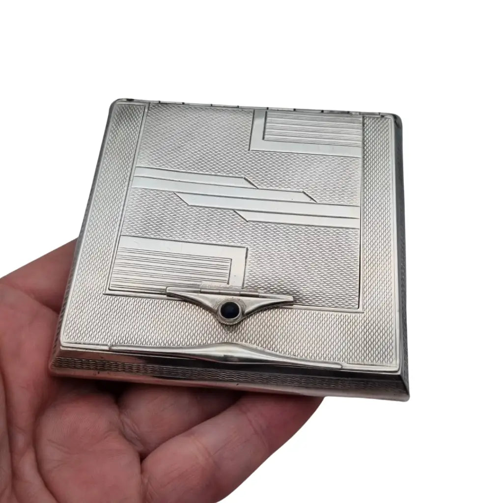 Rara pitillera Art Déco en plata 925 con cerillero integrado y piedra azul