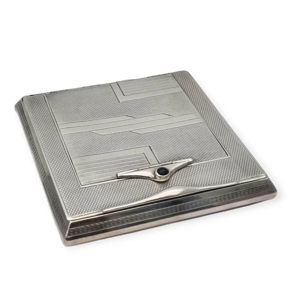 Rara pitillera Art Déco en plata 925 con cerillero integrado y piedra azul
