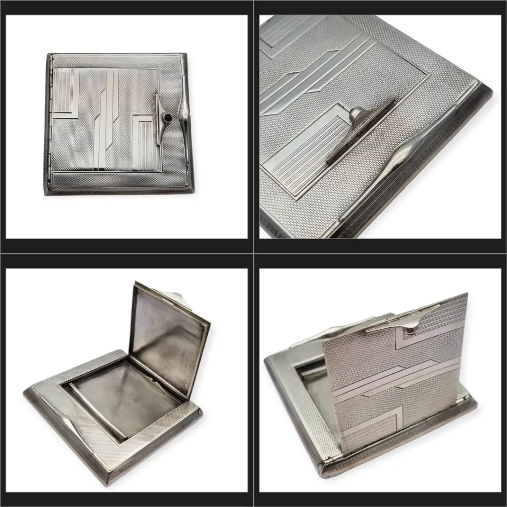 Rara pitillera Art Déco en plata 925 con cerillero integrado y piedra azul