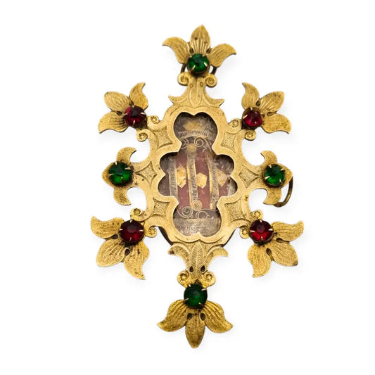 Relicario antiguo colgante con cinco reliquias selladas en metal dorado y gemas