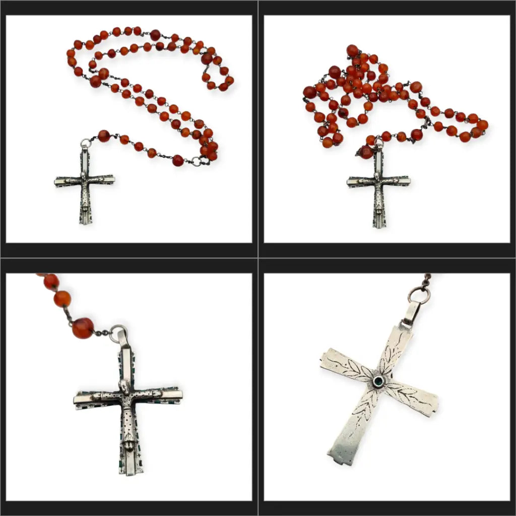 Rosario antiguo de plata y esmalte con cuentas cornalina Siglo XX.