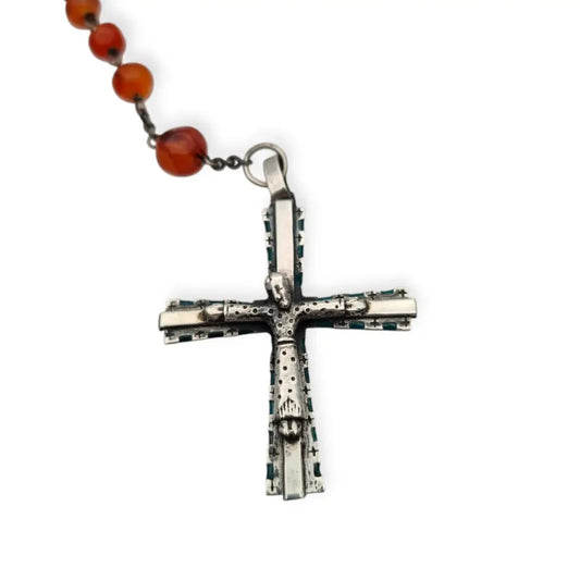 Rosario antiguo de plata y esmalte con cuentas cornalina Siglo XX.