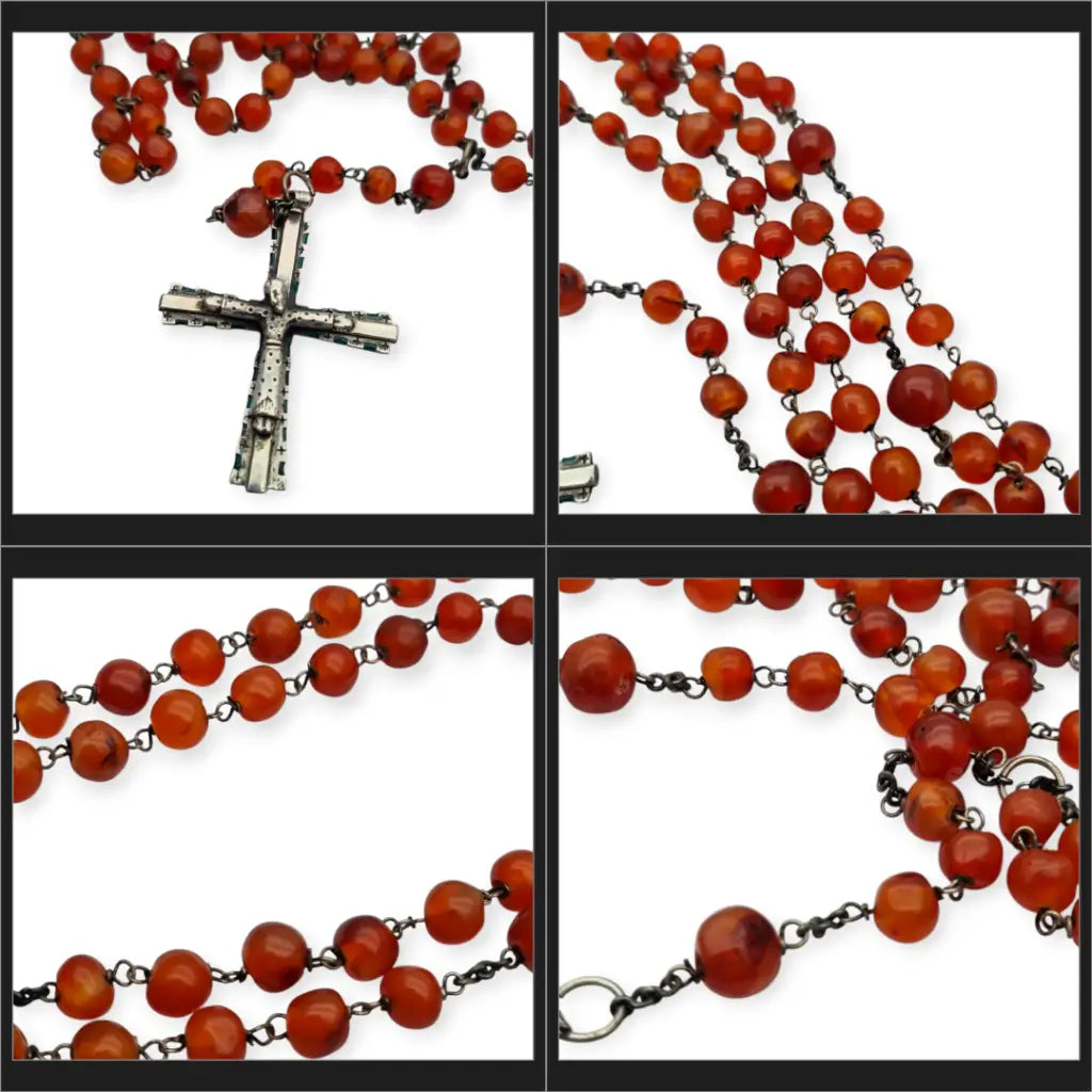 Rosario antiguo de plata y esmalte con cuentas cornalina Siglo XX.