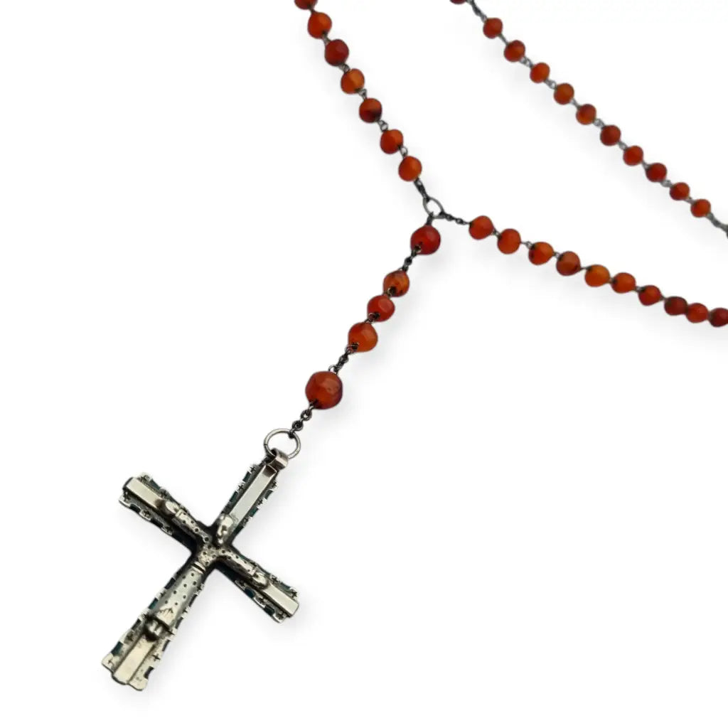 Rosario antiguo de plata y esmalte con cuentas cornalina Siglo XX.