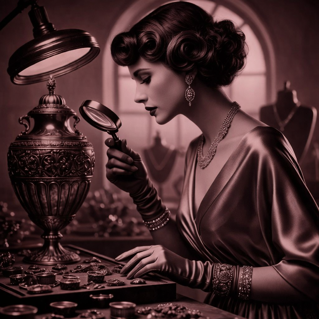 Ilustración de una joyera vintage buscando punzones o sellos en una joya