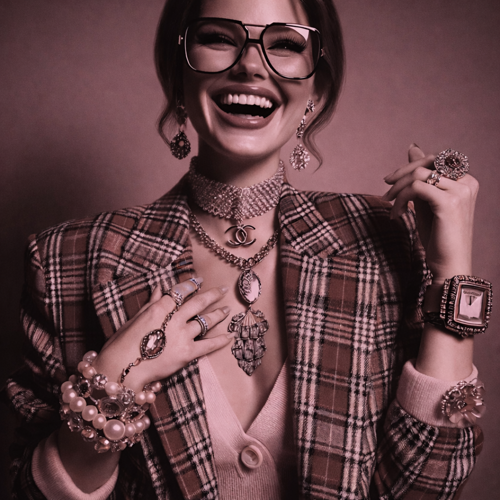 Mujer de estilo retro sonriente luciendo joyas antiguas y vintage