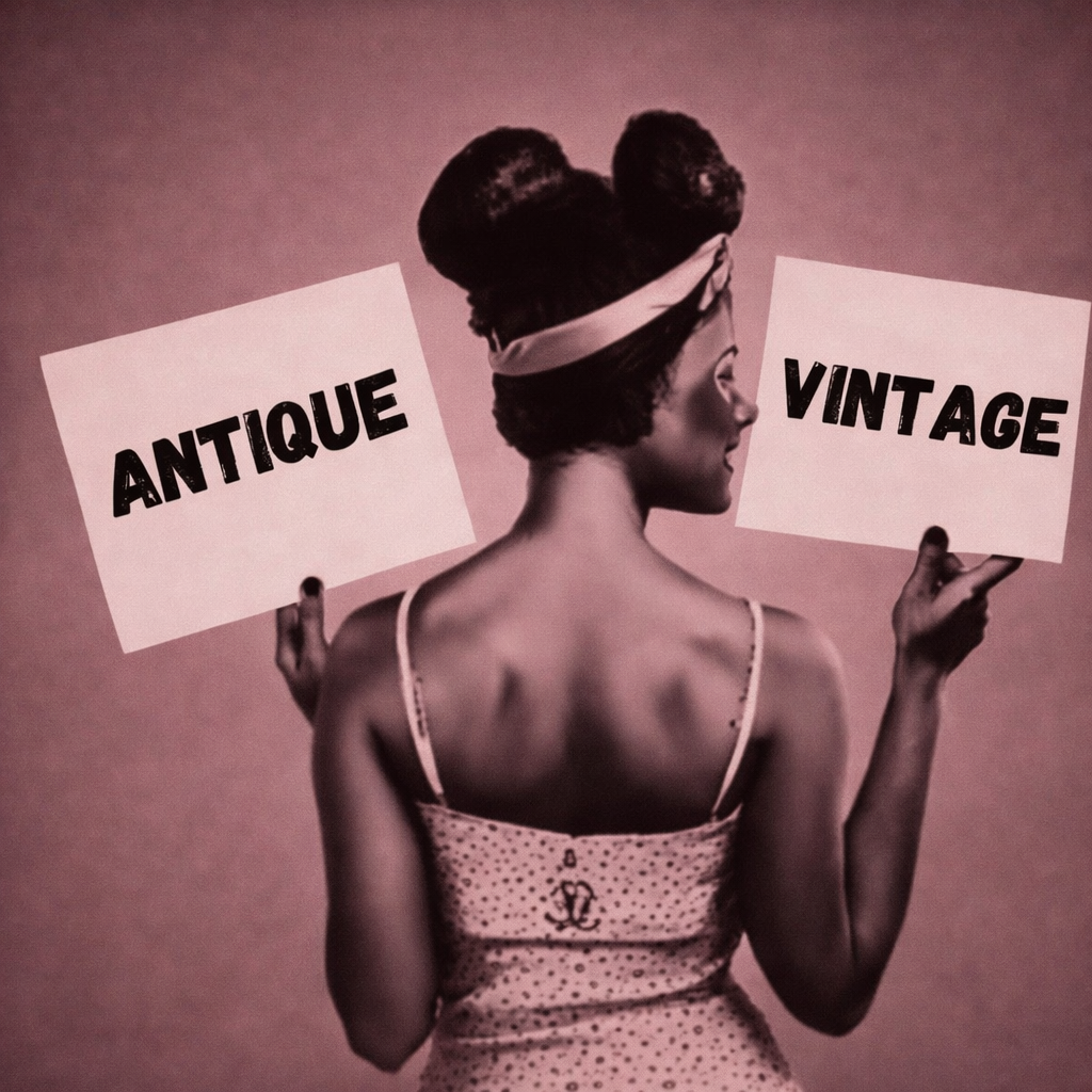 Viñeta de un dibujo pin-up con dos letreros, uno con la palabra vintage y otro con la palabra antiguo