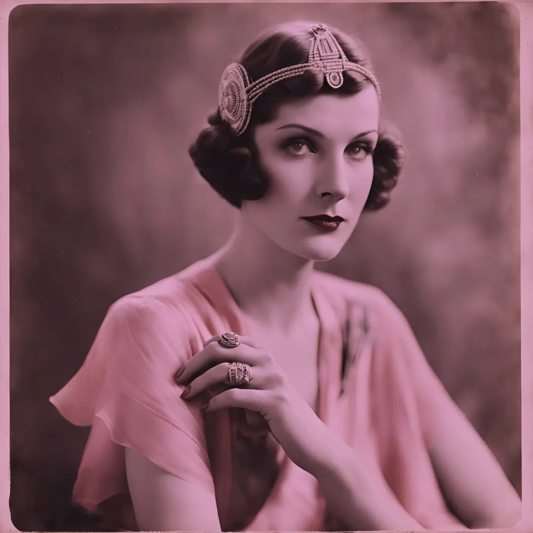 Mujer Flapper que nos muestra sus anillos art deco antiguos y sus otras joyas antiguas