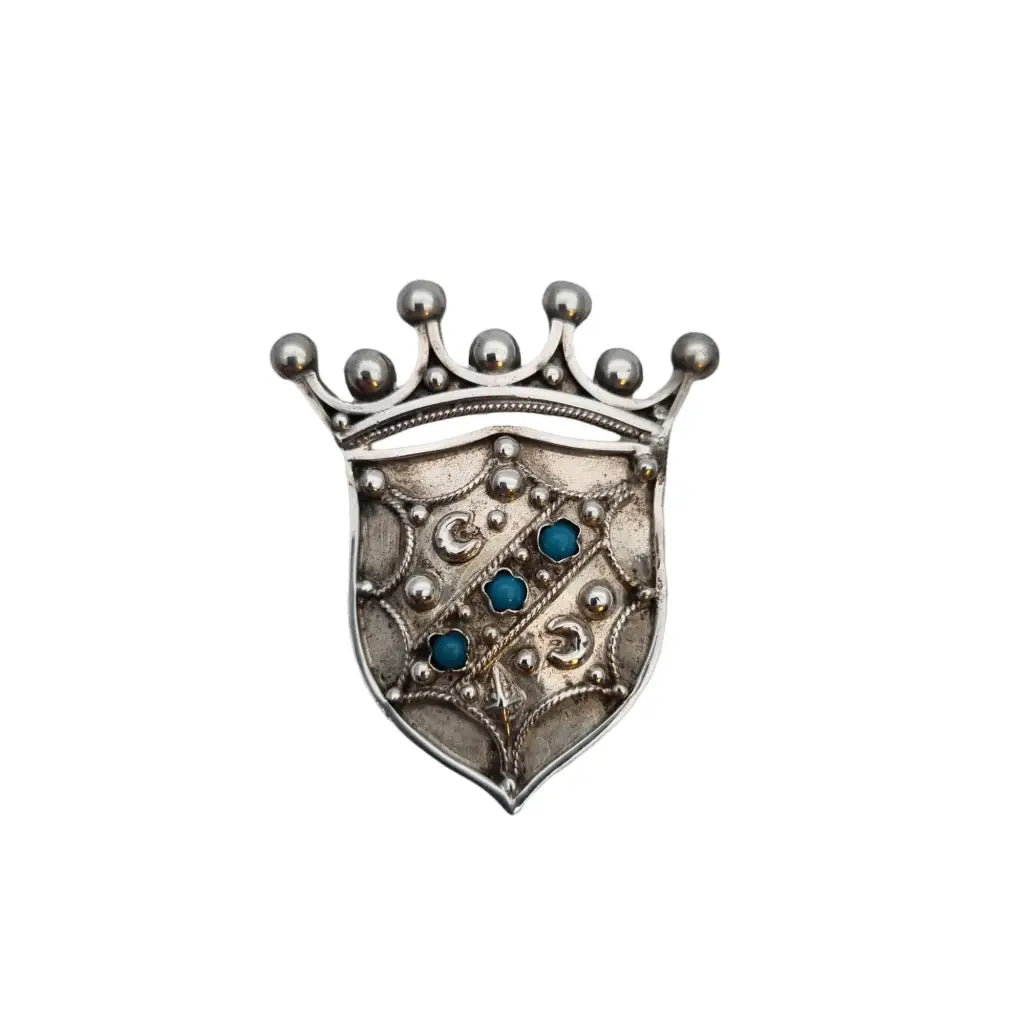 Broche emblema corona pin vintage plata 800 y turquesa estrella broche