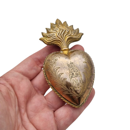 Antique Marian ex-voto, gilded heart of devotion, likely France, 19th century