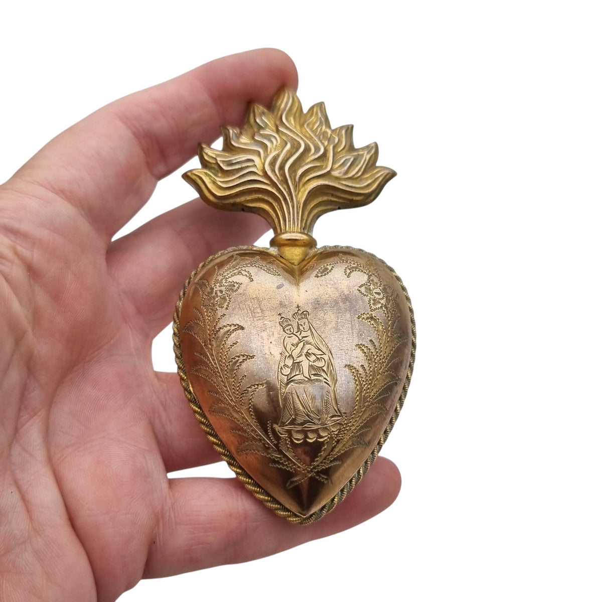 Antique Marian ex-voto, gilded heart of devotion, likely France, 19th century