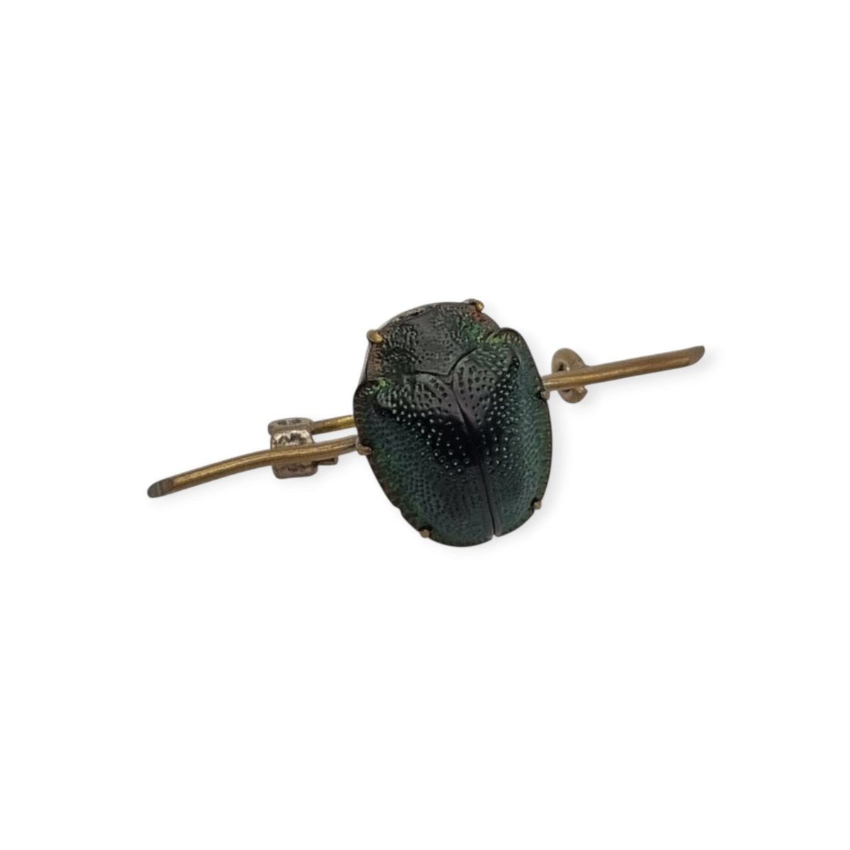 Antique Victorian Egyptian Revival brooch with real scarab in gold-tone metal, ca. 1880-1905