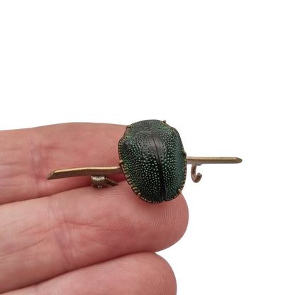 Antique Victorian Egyptian Revival brooch with real scarab in gold-tone metal, ca. 1880-1905