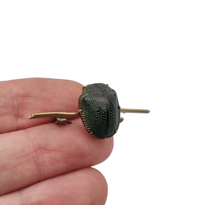 Antique Victorian Egyptian Revival brooch with real scarab in gold-tone metal, ca. 1880-1905
