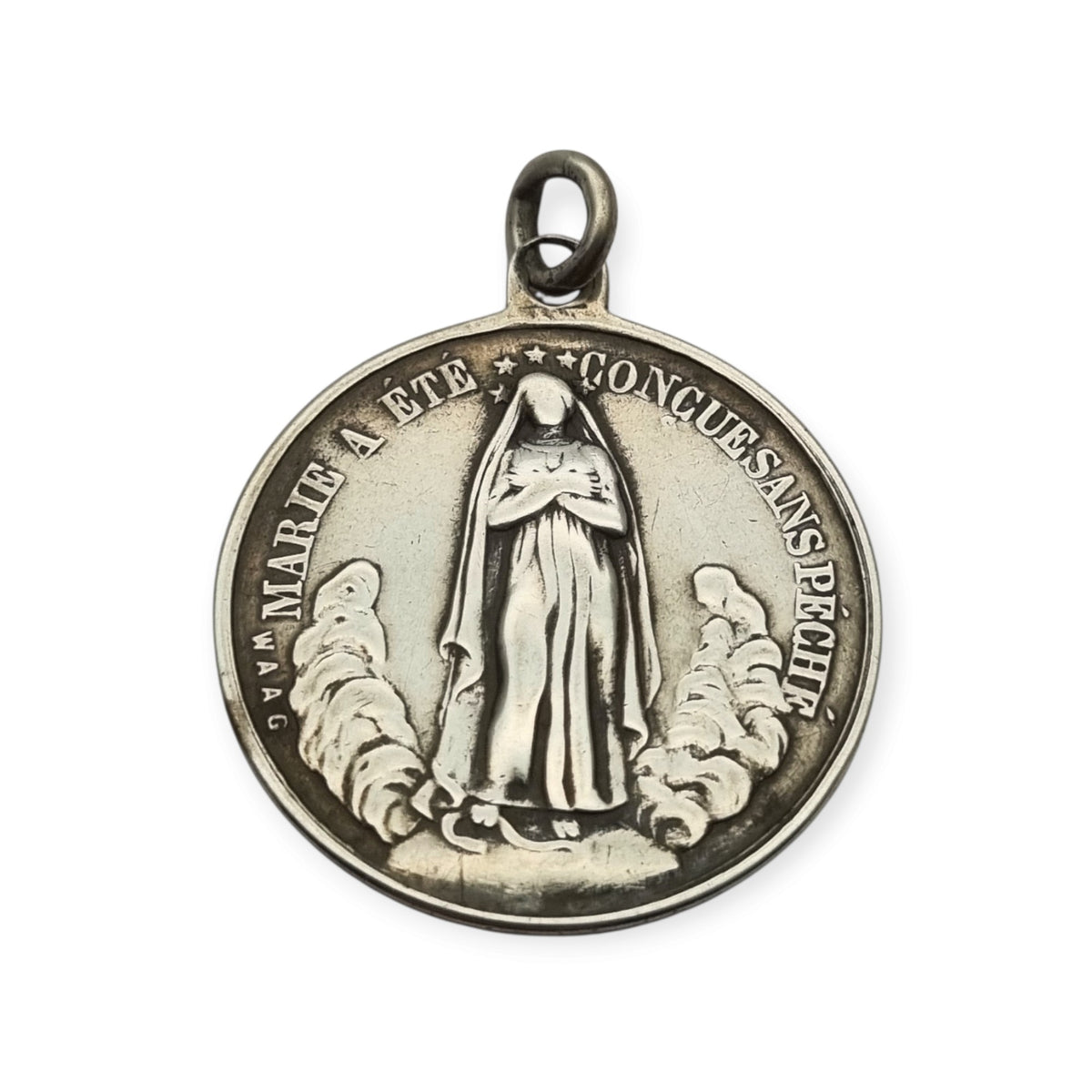 Medalla francesa de la Inmaculada y Sagrado Corazón en plata, firmada Waag, ca. 1880-1905