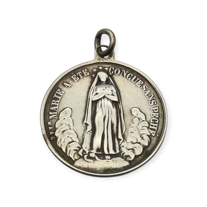 Medalla francesa de la Inmaculada y Sagrado Corazón en plata, firmada Waag, ca. 1880-1905