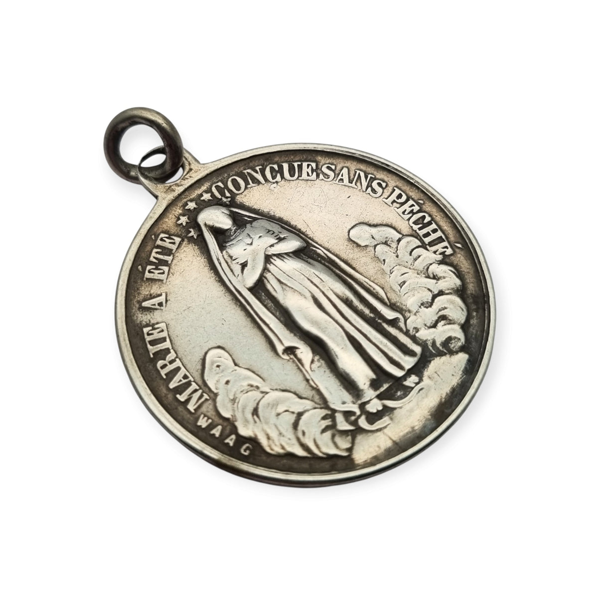 Medalla francesa de la Inmaculada y Sagrado Corazón en plata, firmada Waag, ca. 1880-1905