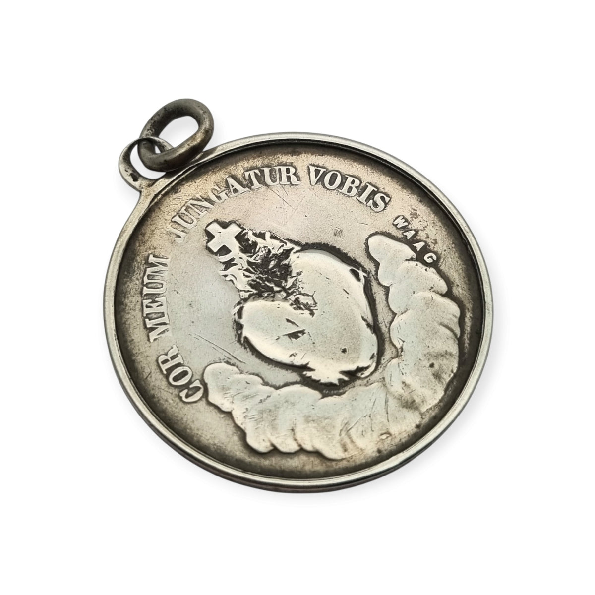 Medalla francesa de la Inmaculada y Sagrado Corazón en plata, firmada Waag, ca. 1880-1905