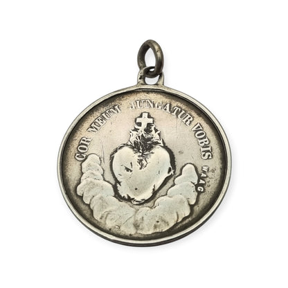 Medalla francesa de la Inmaculada y Sagrado Corazón en plata, firmada Waag, ca. 1880-1905
