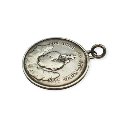 Medalla francesa de la Inmaculada y Sagrado Corazón en plata, firmada Waag, ca. 1880-1905
