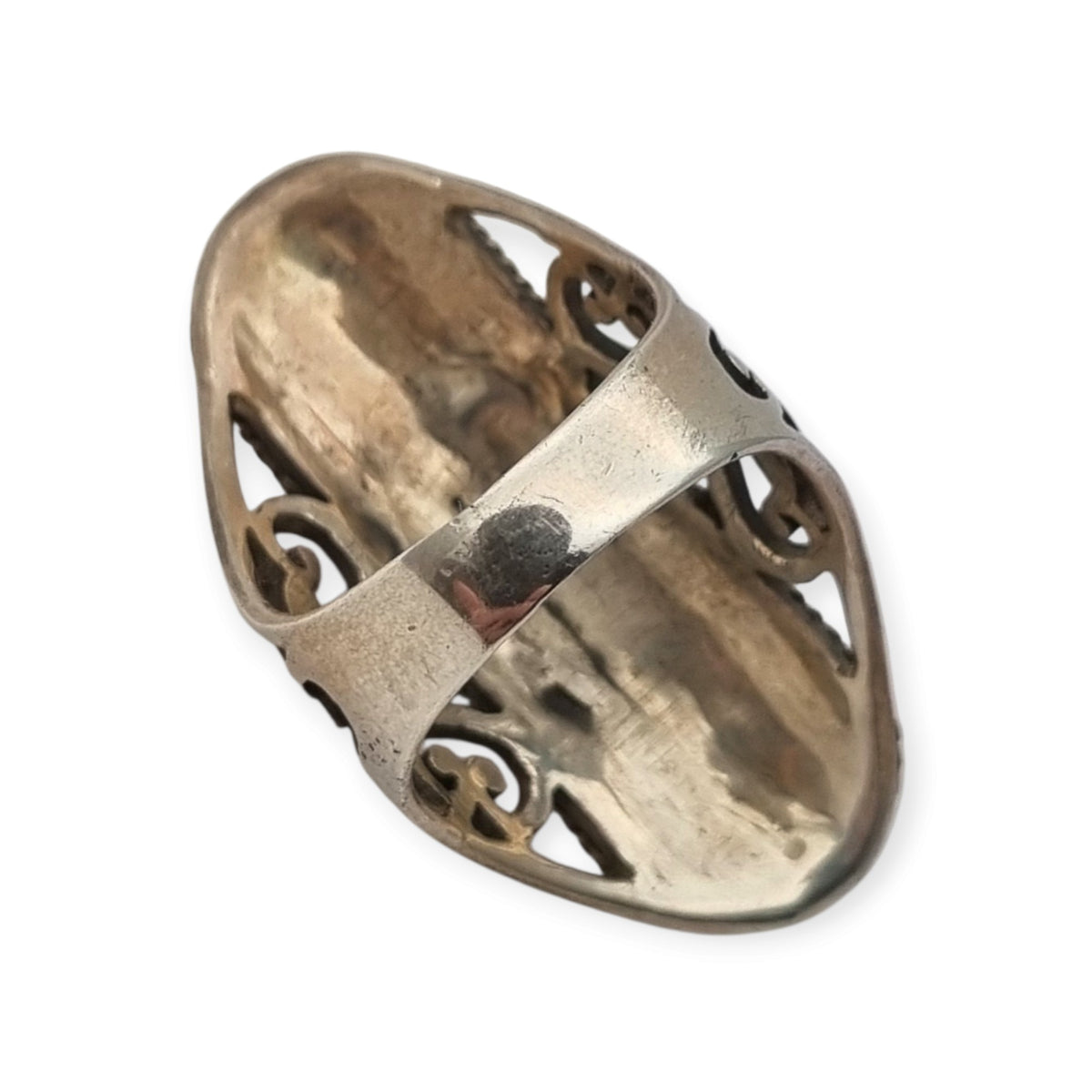 Anillo vintage español de plata 925 estilo boho con ónix y nácar, años 80