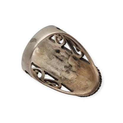 Anillo vintage español de plata 925 estilo boho con ónix y nácar, años 80