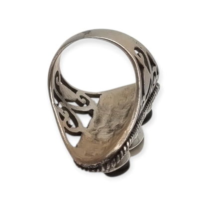 Anillo vintage español de plata 925 estilo boho con ónix y nácar, años 80