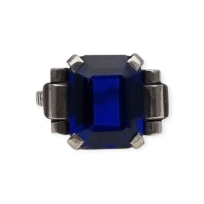 Anillo antiguo Art Déco en plata con cristal azul facetado, ca. 1930-1940