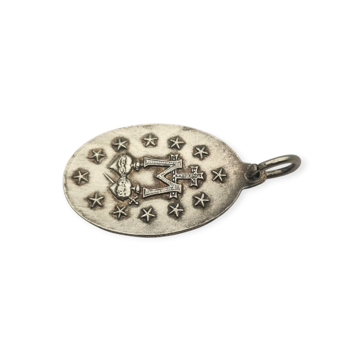 Medalla Milagrosa vintage de metal plateado, Virgen de la Medalla Milagrosa, circa 1950-1970