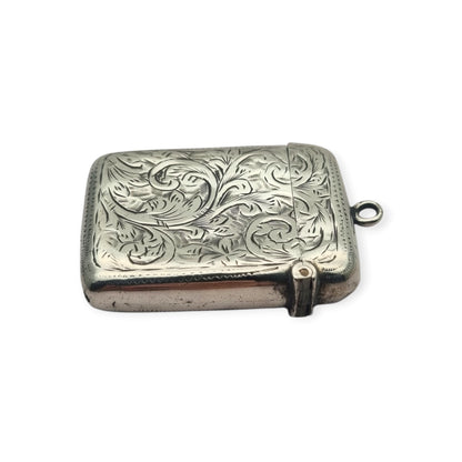 Cerillera vesta eduardiana de plata sterling grabada, William Manton, Birmingham 1902