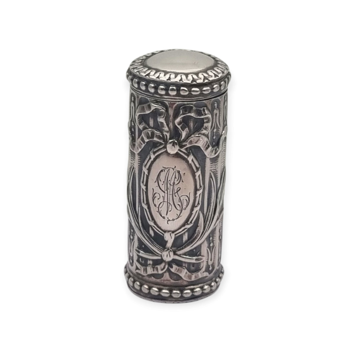 Perfumero antiguo de plata estilo Luis XVI Revival con monograma y tapón