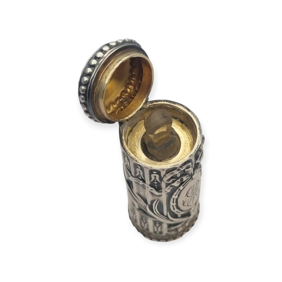 Perfumero antiguo de plata estilo Luis XVI Revival con monograma y tapón