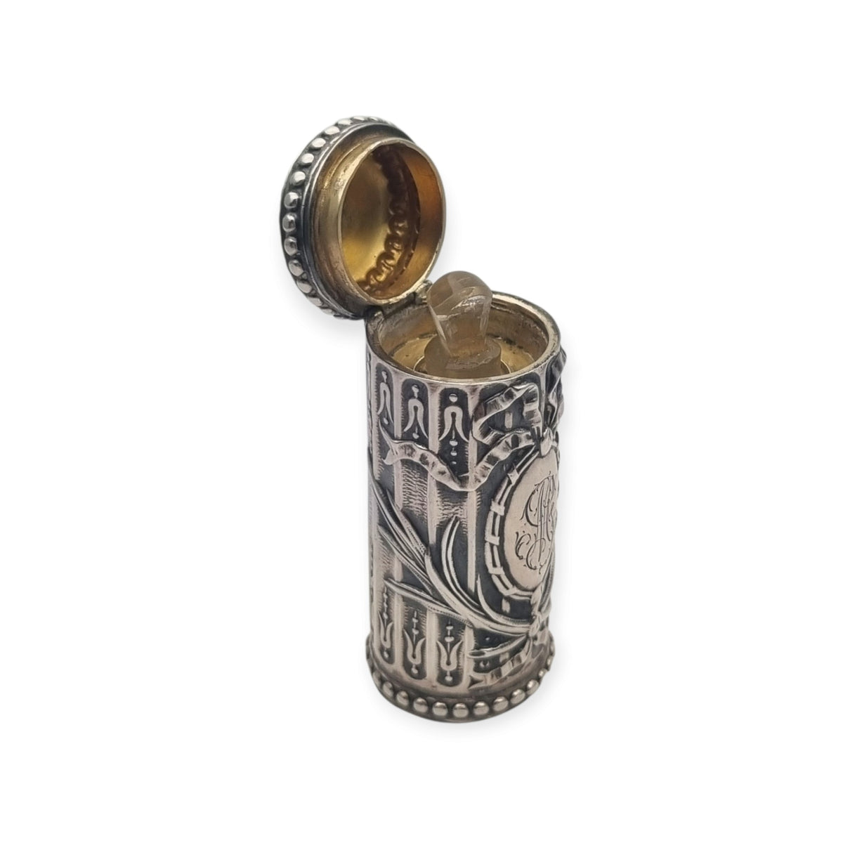 Perfumero antiguo de plata estilo Luis XVI Revival con monograma y tapón