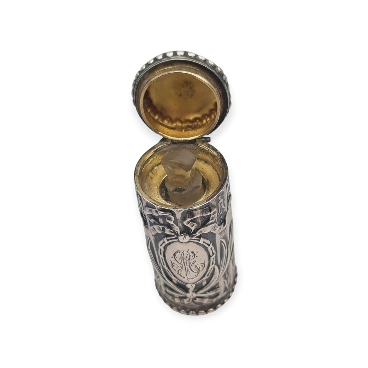 Perfumero antiguo de plata estilo Luis XVI Revival con monograma y tapón