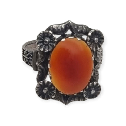 Anillo antiguo Art Déco de plata y cornalina con decoración floral, Francia años 50