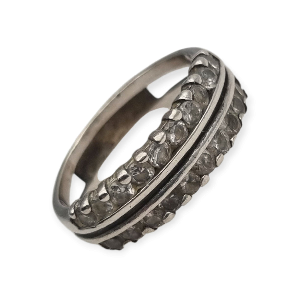 Anillo vintage de plata con doble hilera de piedras blancas, años 80-90