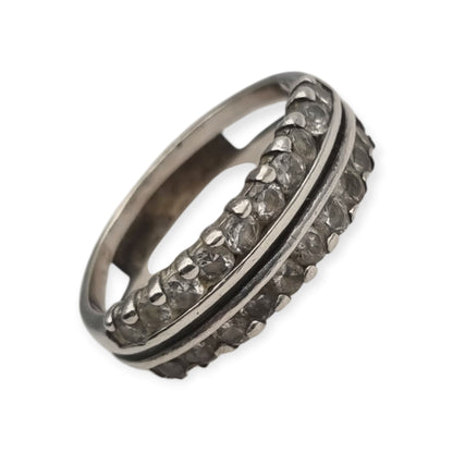 Anillo vintage de plata con doble hilera de piedras blancas, años 80-90