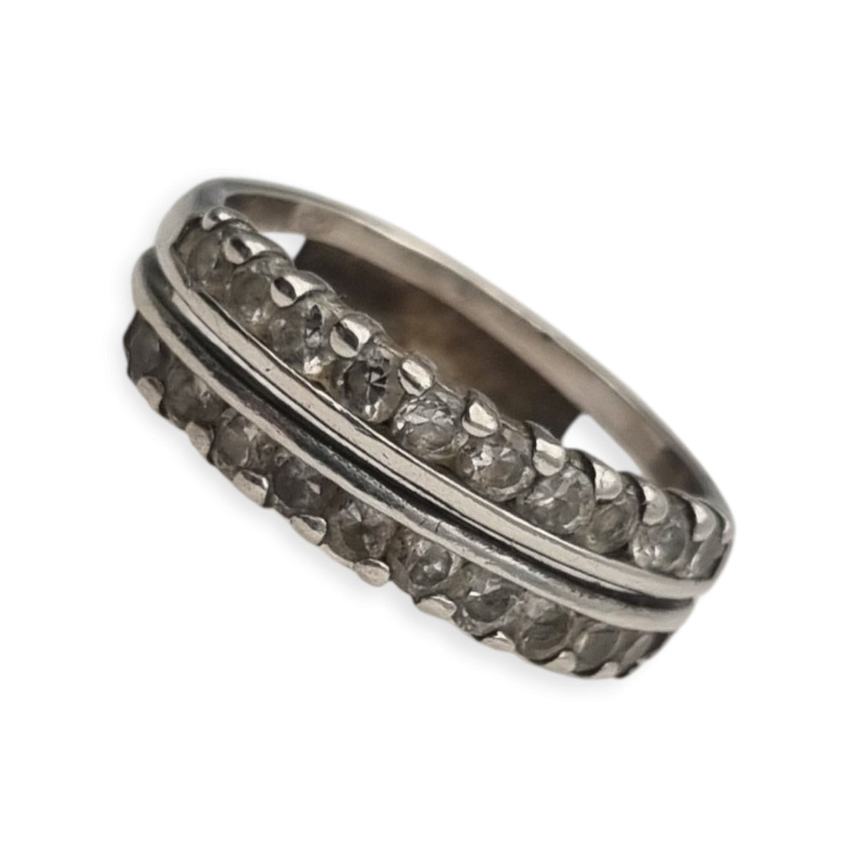 Anillo vintage de plata con doble hilera de piedras blancas, años 80-90